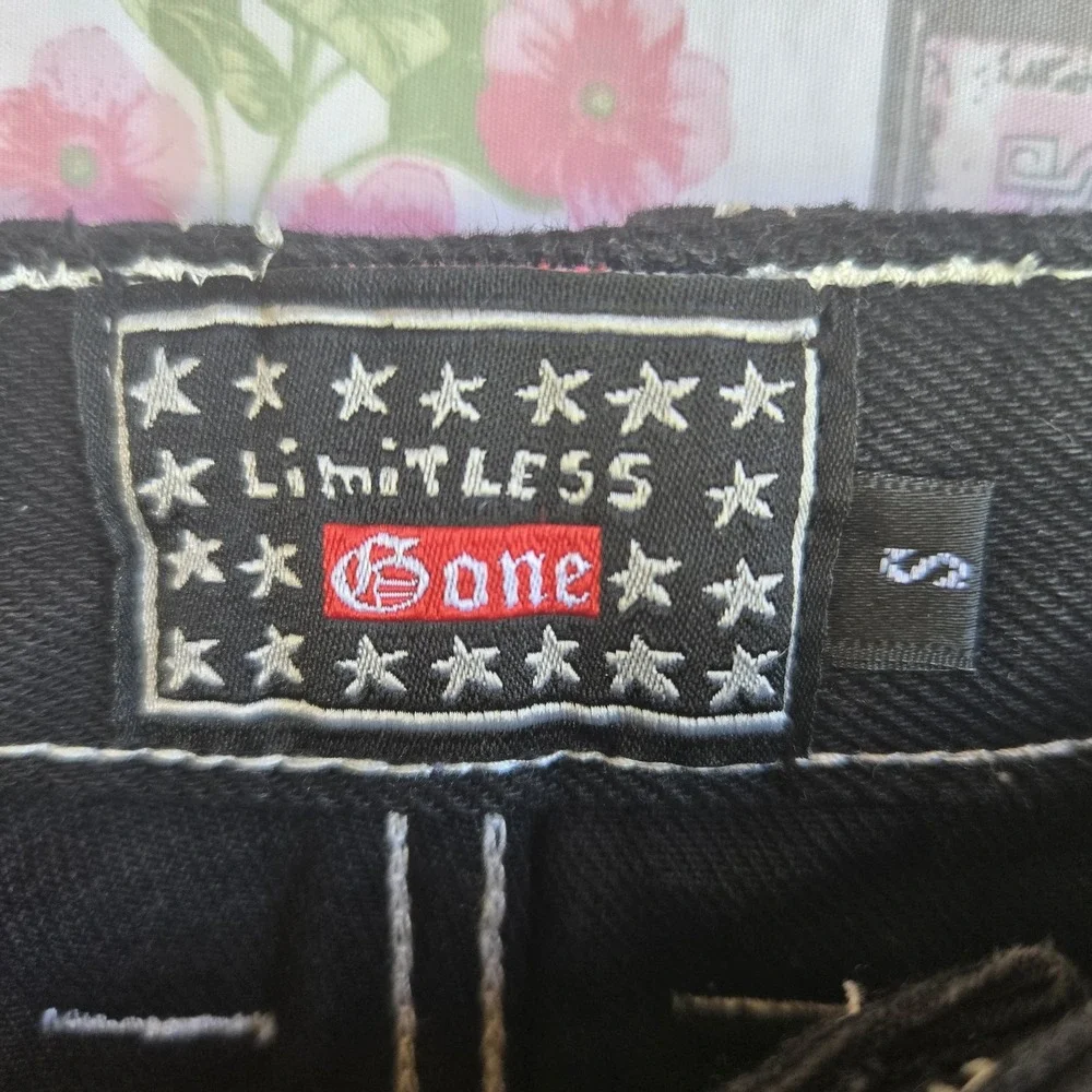 Y2K Black Baggy‎ Jeans Wide Leg Contrast Stitch Embroidered Gone Logo Size Small